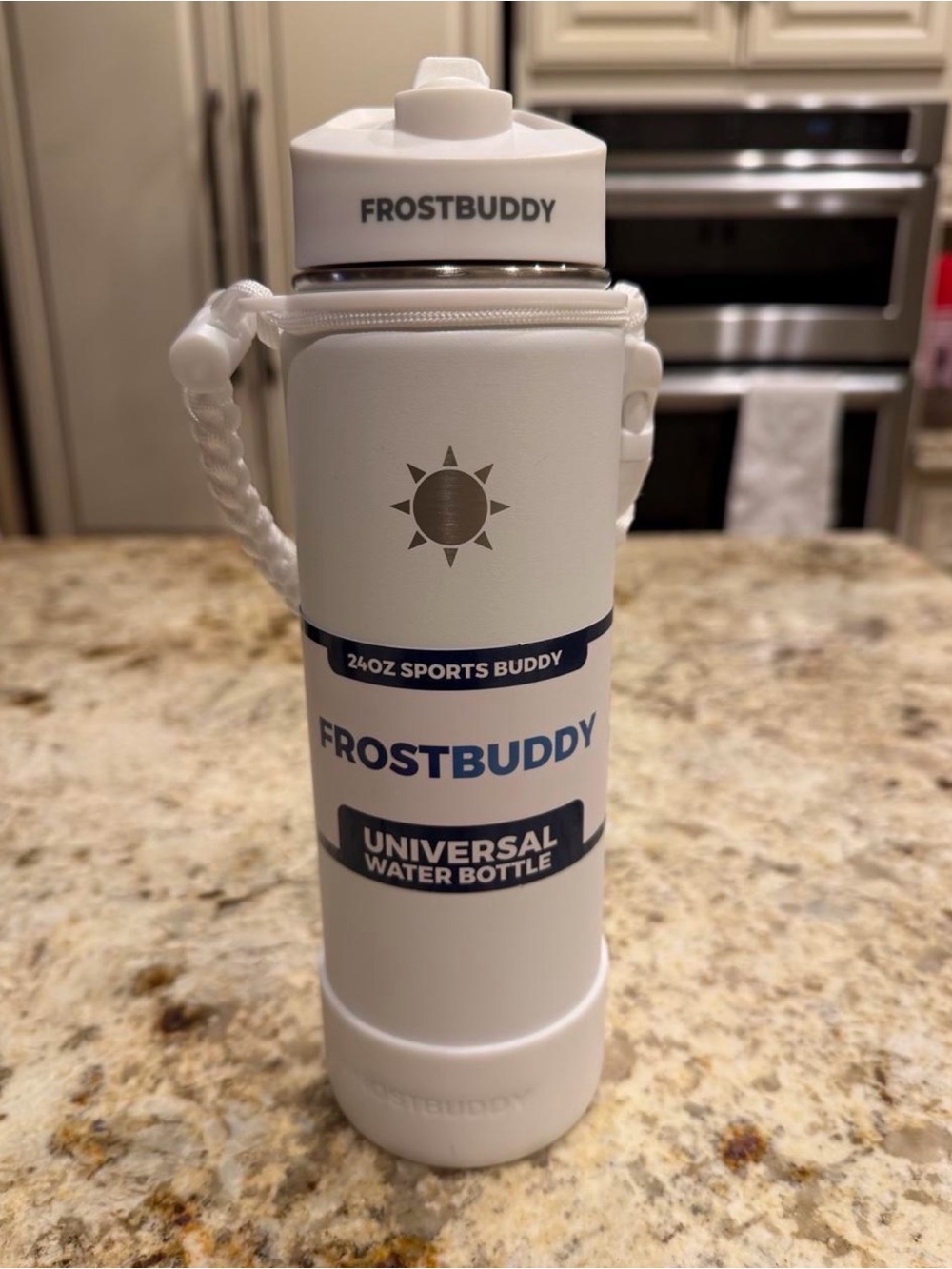 Frost Buddy White 24oz Sports Universal Water Bottle w/ Paracord Strap & D ring